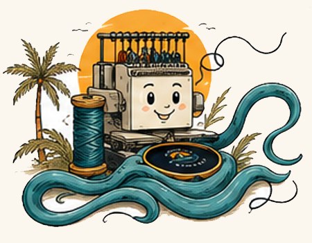 Illustrated embroidery machine character with palm trees and a spool of teal thread, the EBB mascot