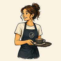 Hospitality worker in an embroidered apron holding a cup