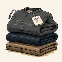 Folded stack of embroidered merchandise garments with a branded swing tag